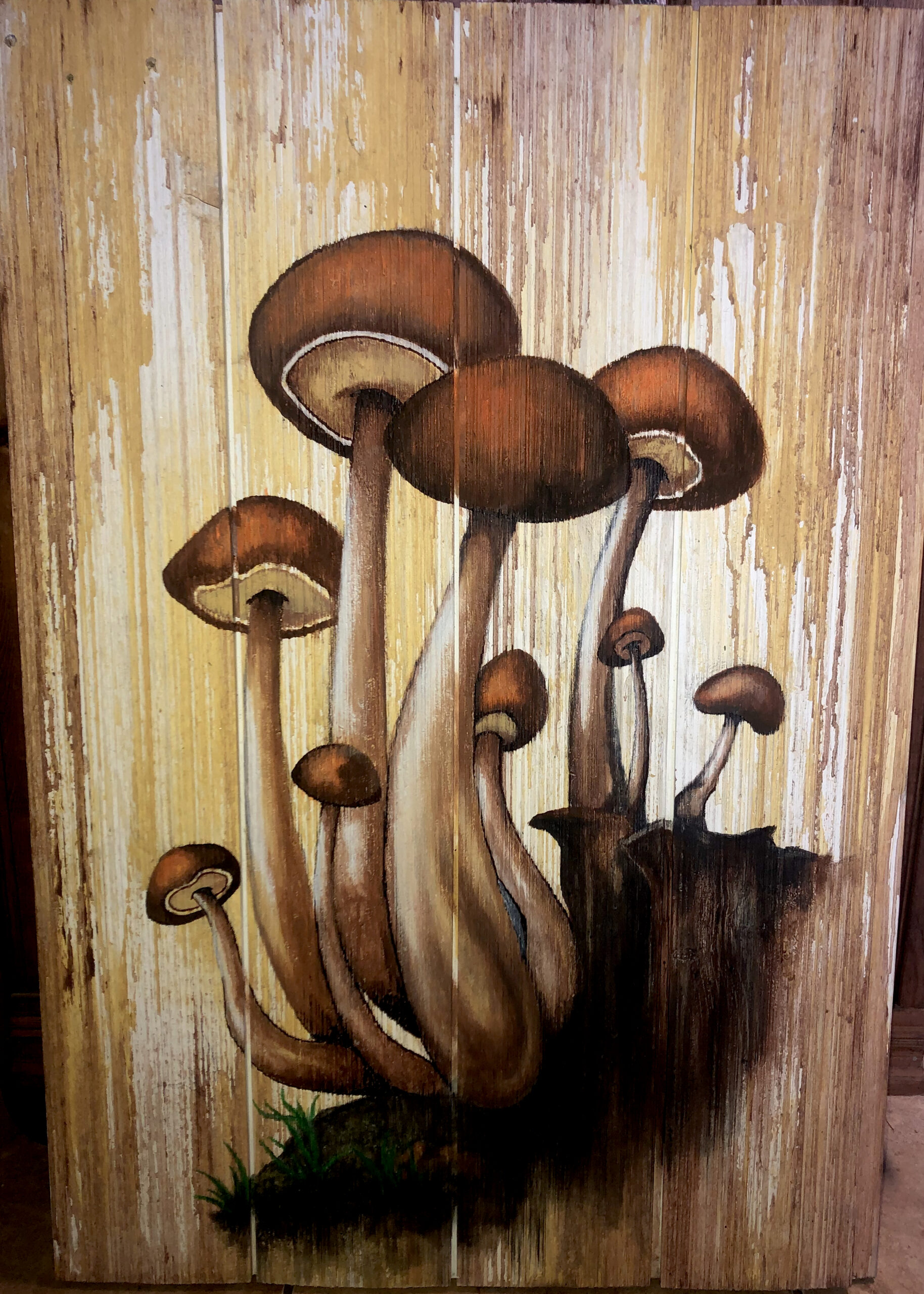Painting of mushrooms by "Off The Cuff" Michigan Artist you can find Memorial Day Weekend in the Rochester Municipal park.