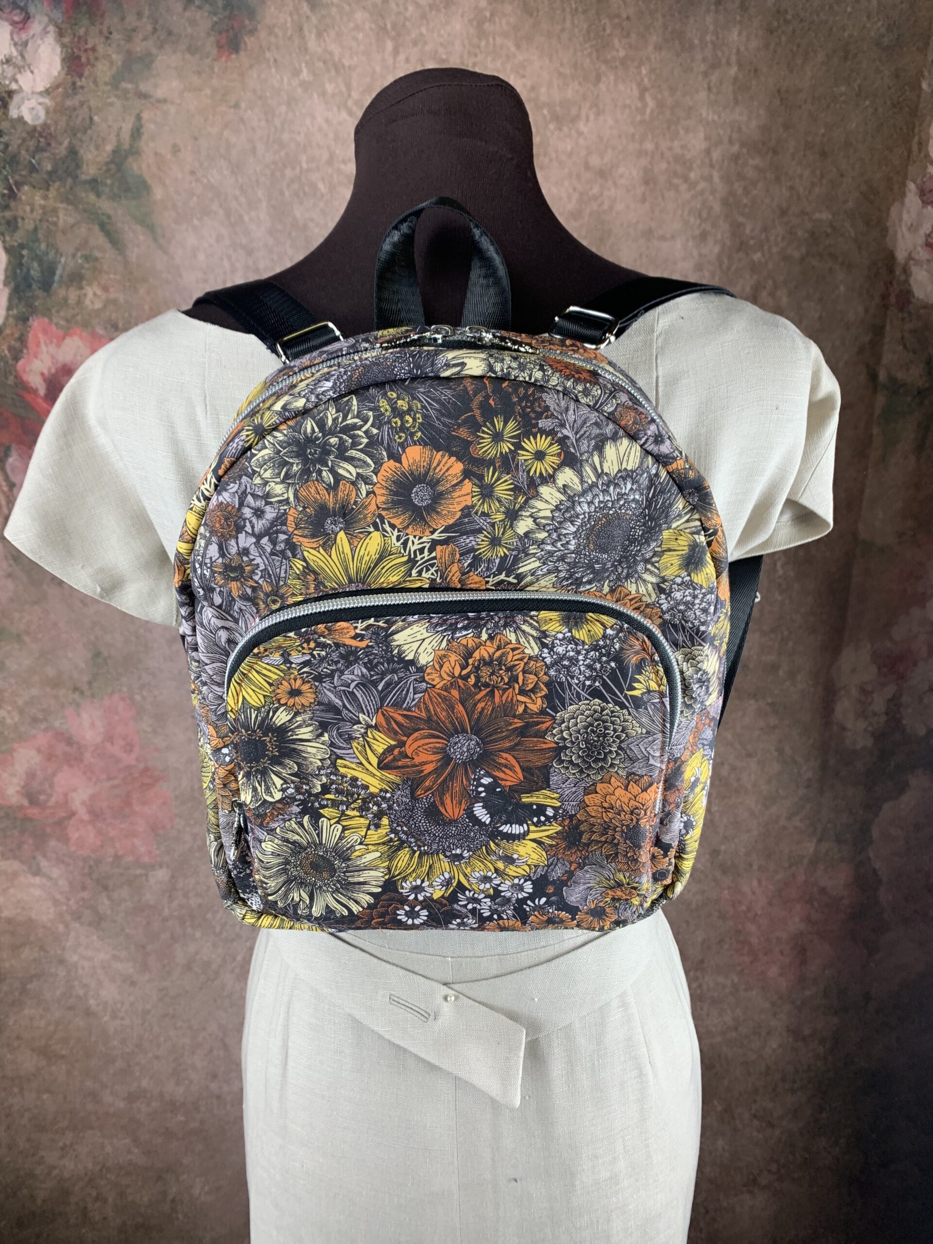 Sunflower, yellow, orange flowers on backpack. Handmade by "Lex & Pickles"