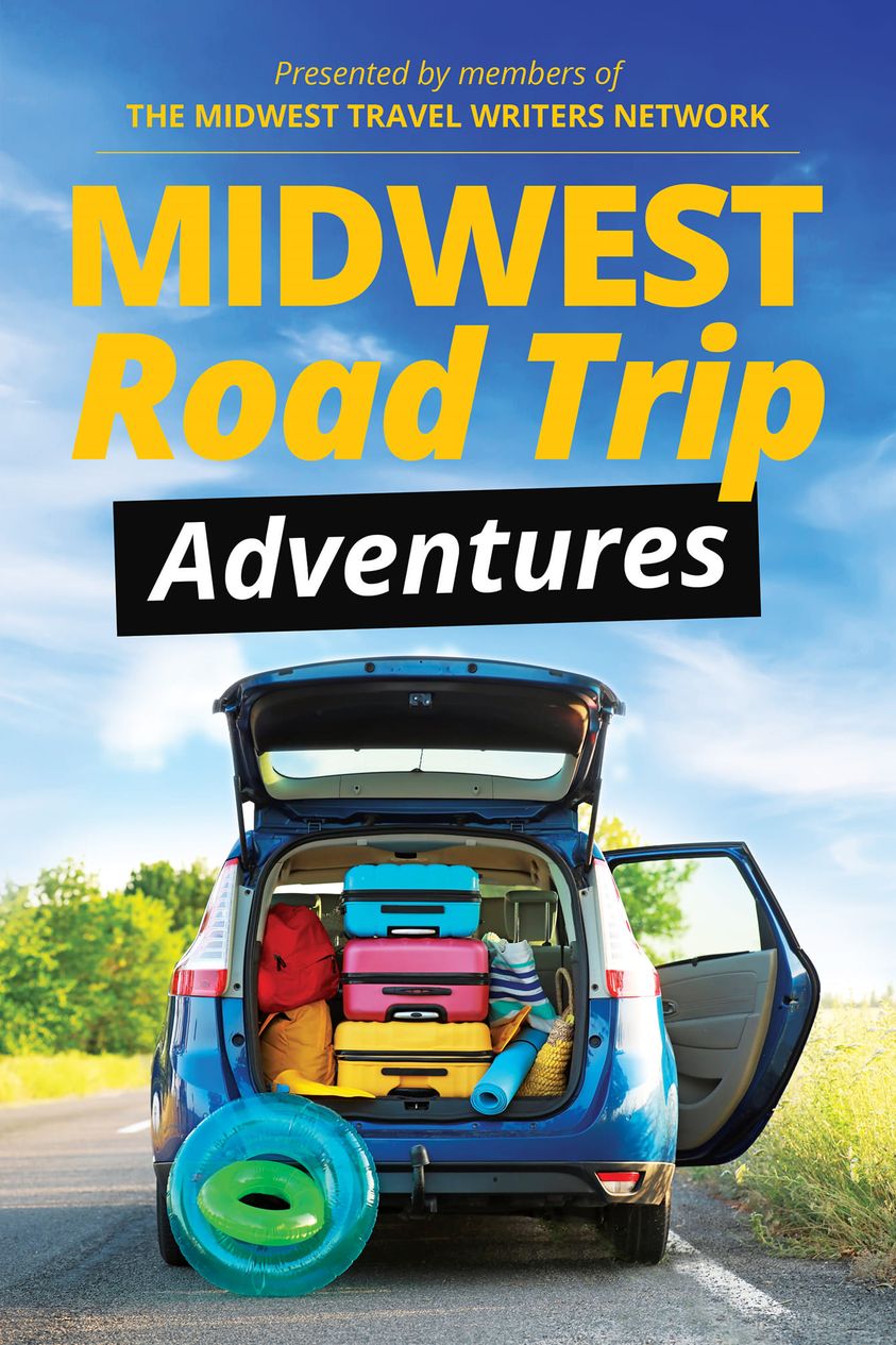 Book Cover for "Midwest Road Trip Adventures" with a trunk of a car and luggage overflowing out of it.