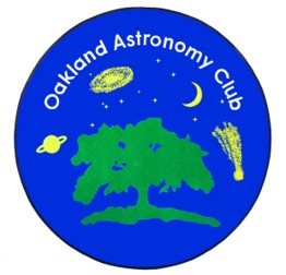 "Oakland Astronomy Club" logo with green tree and blue background. A yellow Saturn, Mood, Nebula, and shooting start can be seen in the blue above the tree.
