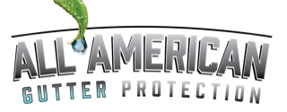 Logo for "All American Gutter Protection". Text with green leaf and water droplet.