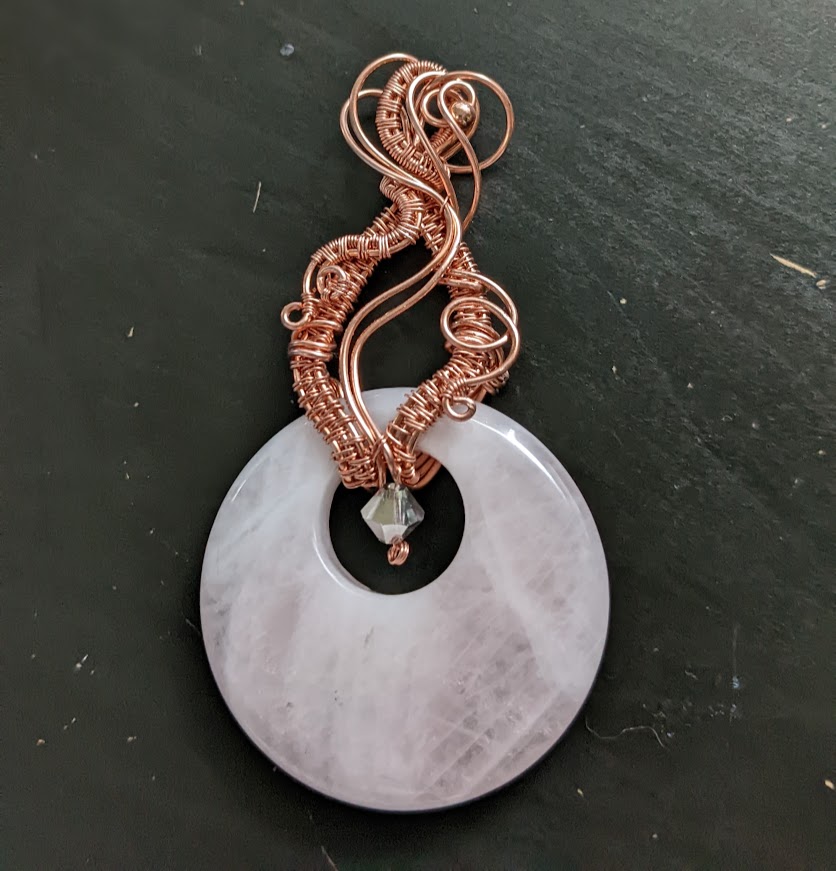 Rose Quartz stone, wire-wrapped with copper, made by hand