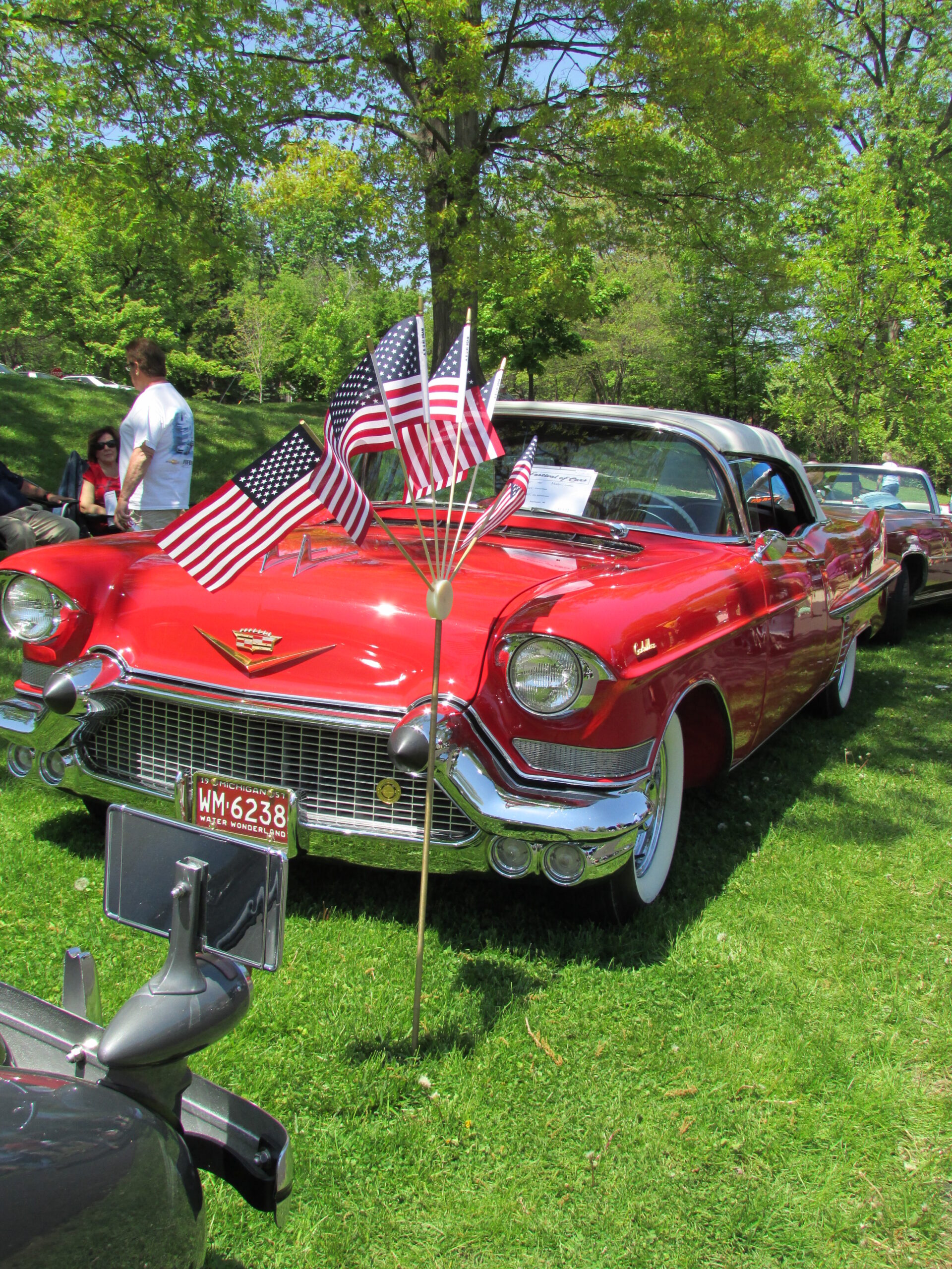 Old Red Car with American Flags