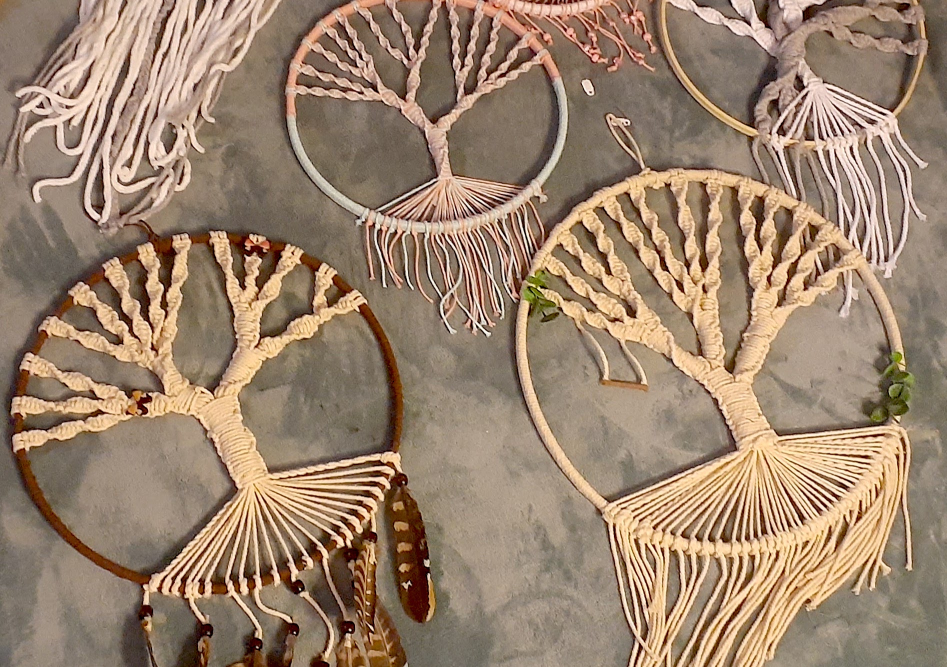 Macramé woven "Tree of Life" dream catchers made in Michigan by Crystal Green.