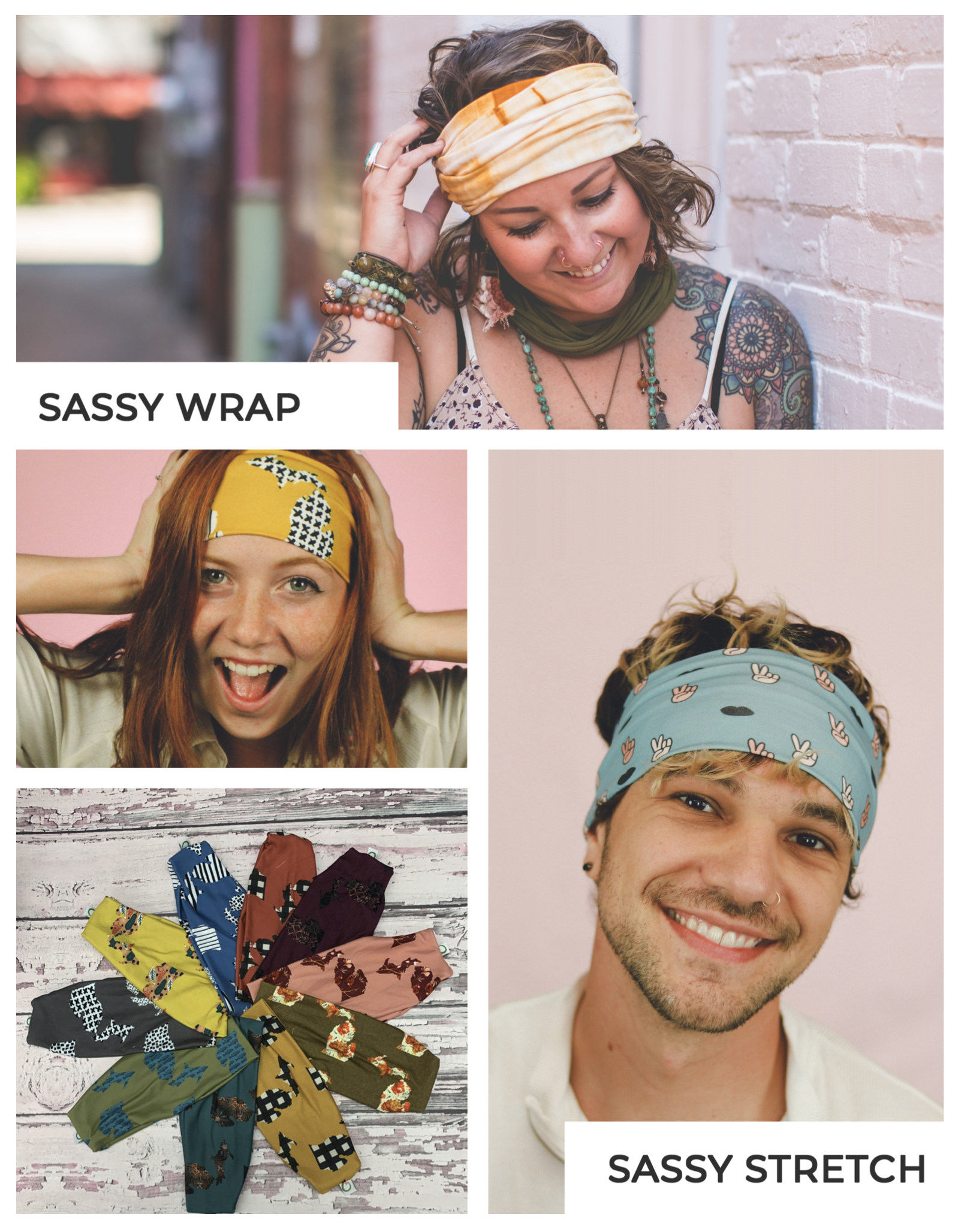 Collage of photos with people wearing headband and smiling, as if people are in the 1970's again!